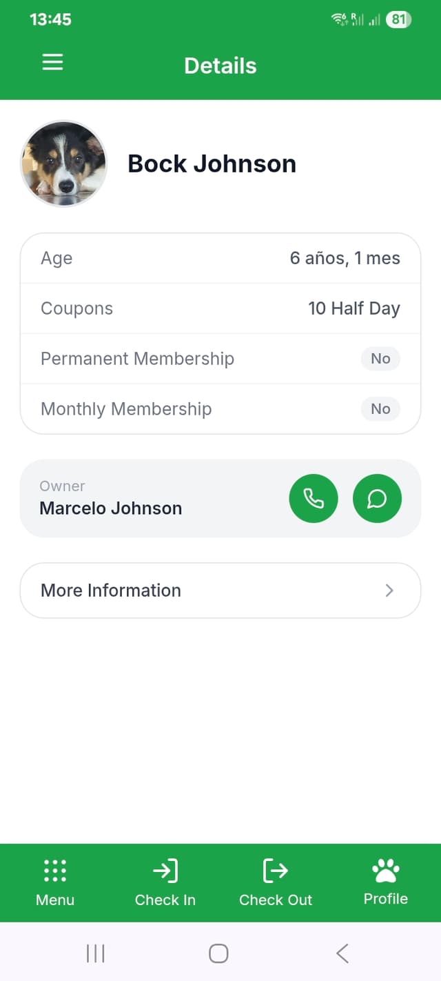 Dog profile details with memberships and coupons in Bockland
