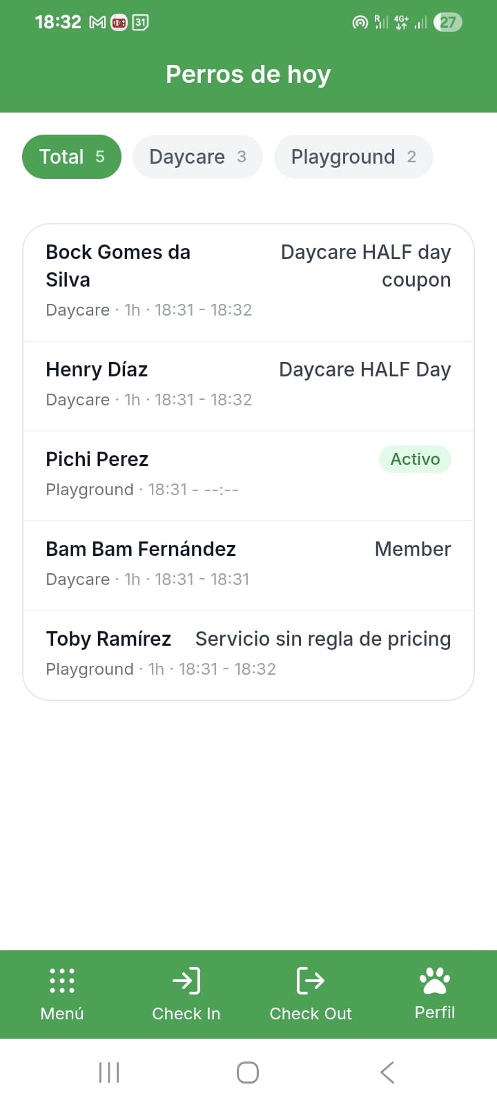 Bockland daily list showing dogs with differentiated status states